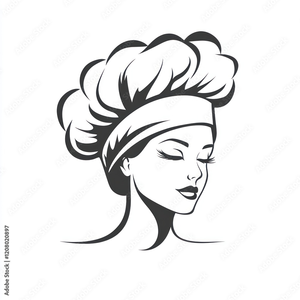 Female chef with hat, eyes closed, on white background, for culinary or food designs Female chef with hat, eyes closed, on white background, for culinary or food designs