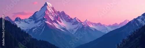 Soft pink alpenglow illuminates mountain landscape, hue, softness photo