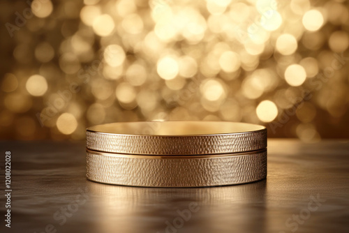 A golden podium with warm bokeh in the background photo