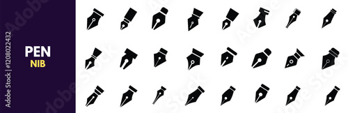 Collection of pen nib icons showcasing various fountain pen tips and writing points in solid black silhouettes. 