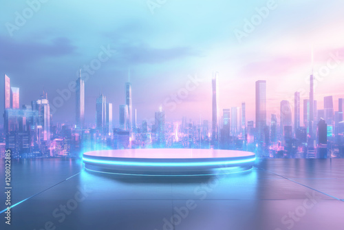 A podium with a high tech cityscape background photo