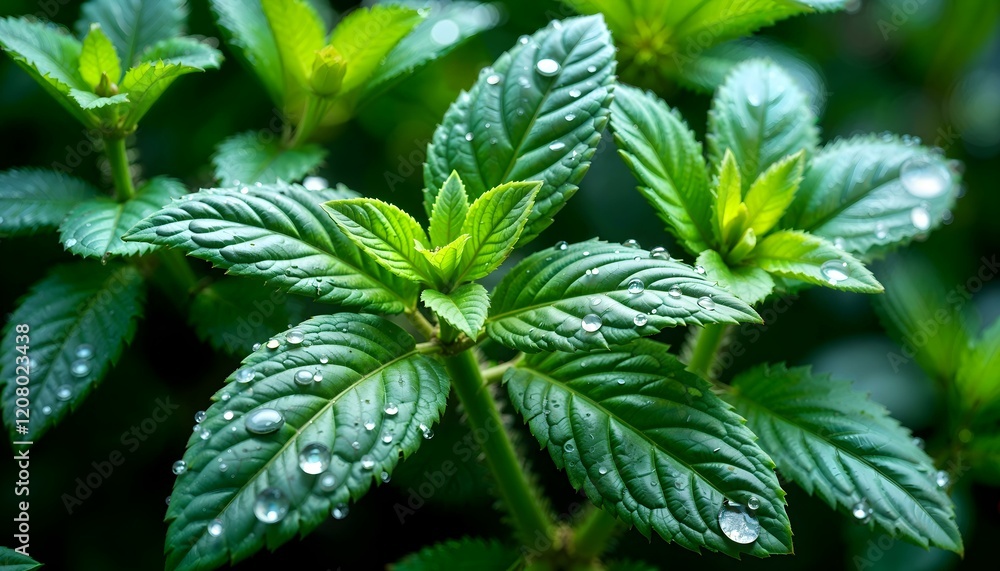 Close-up of fresh mint leaves with dew highlighting their vibrant beauty Close-up of fresh mint leaves with dew highlighting their vibrant beauty
