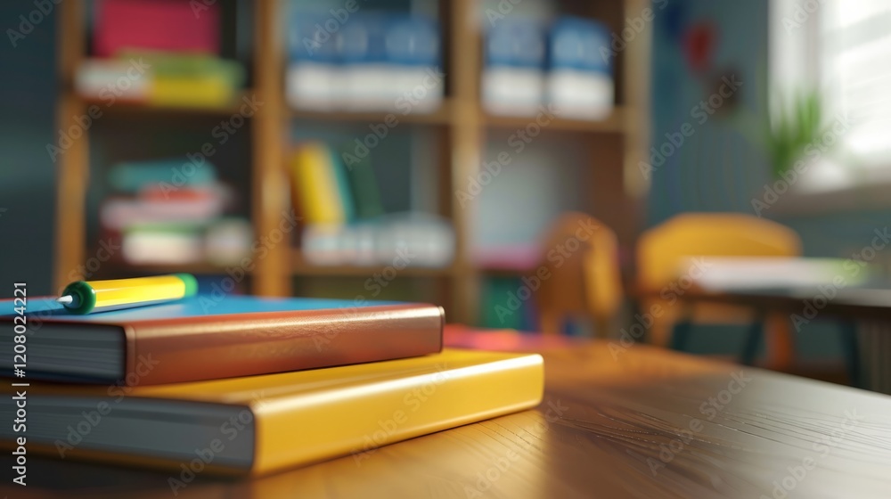 Colorful books are stacked on a wooden desk in an empty classroom, illuminated by sunlight streaming through the window Colorful books are stacked on a wooden desk in an empty classroom, illuminated by sunlight streaming through the window
