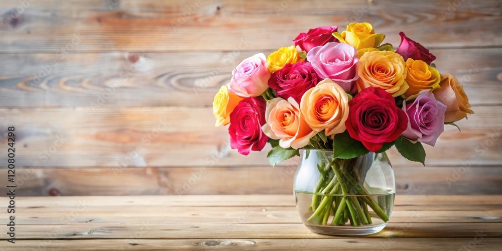 A vibrant bouquet of multicolored roses arranged in a clear glass vase sits on a rustic wooden table A vibrant bouquet of multicolored roses arranged in a clear glass vase sits on a rustic wooden table