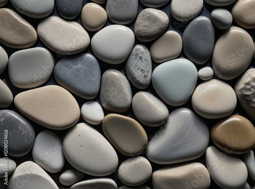 Various smooth pebbles of different colors and shapes collected from a riverbed creating a natural mosaic pattern photo