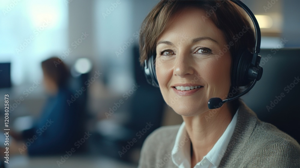 Smiling Customer Service Representative Wearing Headset in Office Smiling Customer Service Representative Wearing Headset in Office