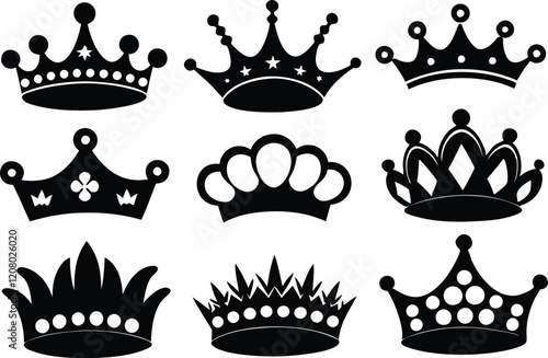 Tiara crown silhouette set, Tiara crown black vector bundle,queen   crown silhouette