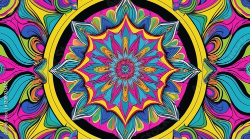 Vibrant pop art style mandala with psychedelic patterns in bright colors on white background photo