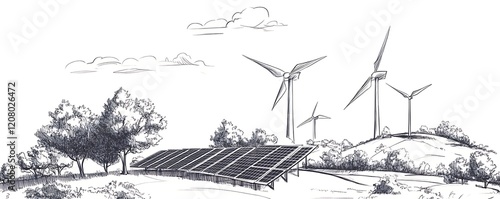 Hand-drawn black and white Wind Turbines in a Field Sketch sketch of solar panels and wind turbines against a backdrop of trees and a rolling hill, symbolizing renewable energy sources.