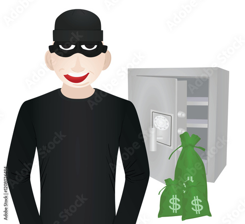 Thief and open safe box. vector