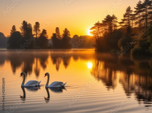 Swans gliding on a tranquil lake at sunrise with trees framing the beautiful landscape photo