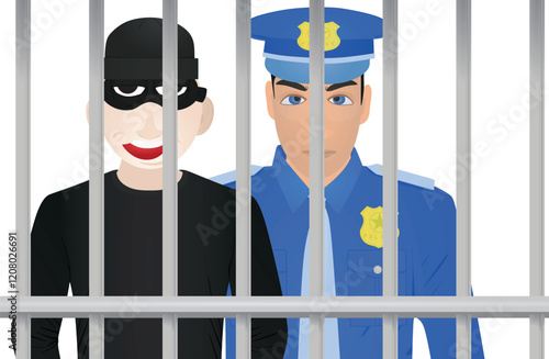 Policeman with thief in prison. vector
