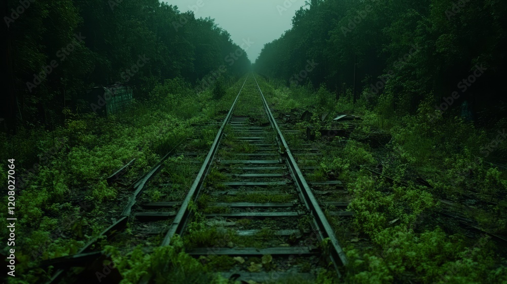 Overgrown Railway Tracks Disappearing Into a Dark Forest Overgrown Railway Tracks Disappearing Into a Dark Forest