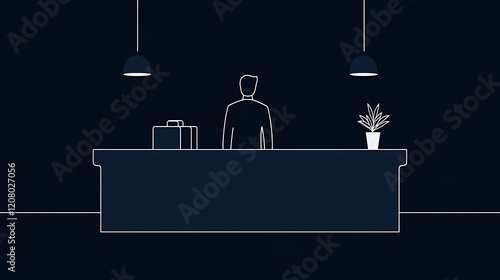 Person Checking Into Hotel at Reception Desk with Luggage and Modern Minimalist Decor Under Soft Lighting photo