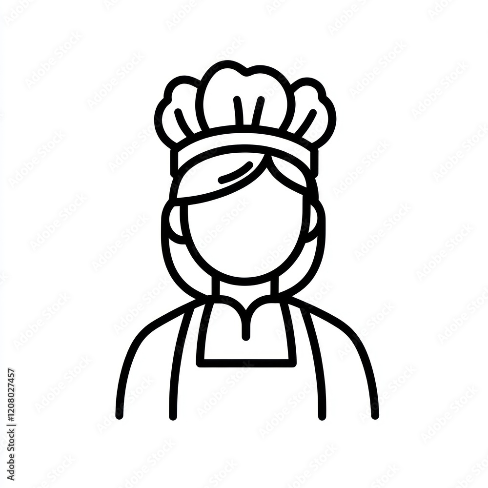 Chef icon, female cook, professional kitchen worker, simple line art, stock illustration Chef icon, female cook, professional kitchen worker, simple line art, stock illustration