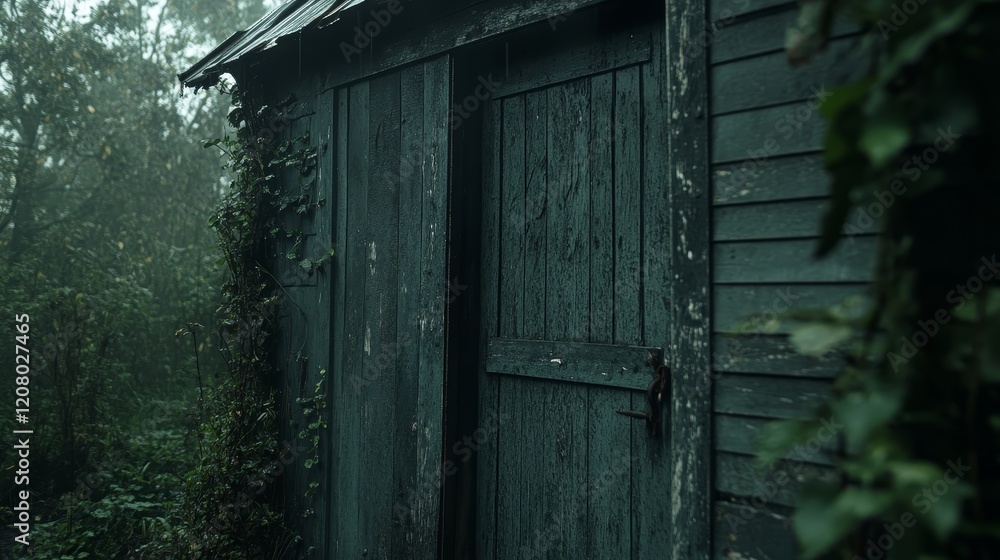Overgrown Rustic Wooden Shed Door in Foggy Woods Overgrown Rustic Wooden Shed Door in Foggy Woods