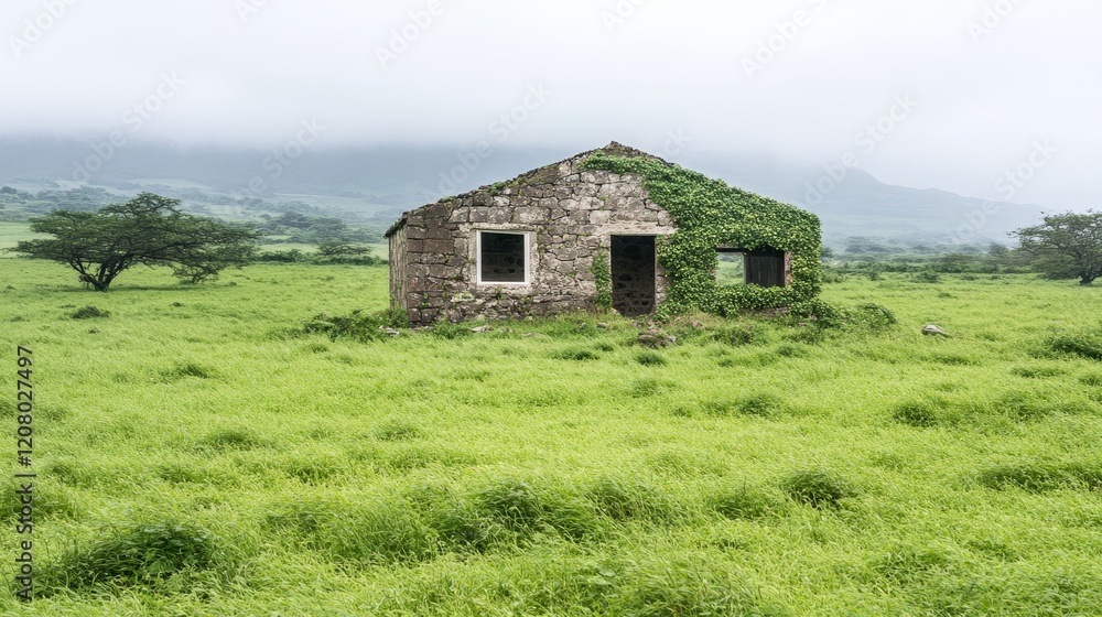 Overgrown Stone House in a Verdant Meadow Landscape Overgrown Stone House in a Verdant Meadow Landscape