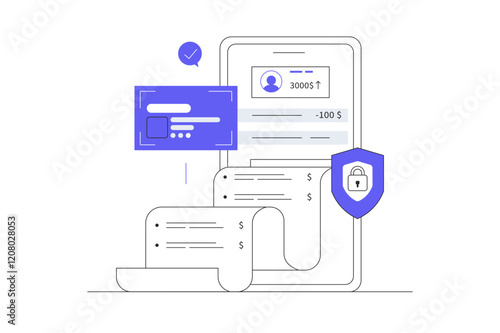 Mobile banking concept. Financial transactions online. Making protected payment with smartphone app. Flat Cartoon Vector Illustration, icon. Stylish abstract 