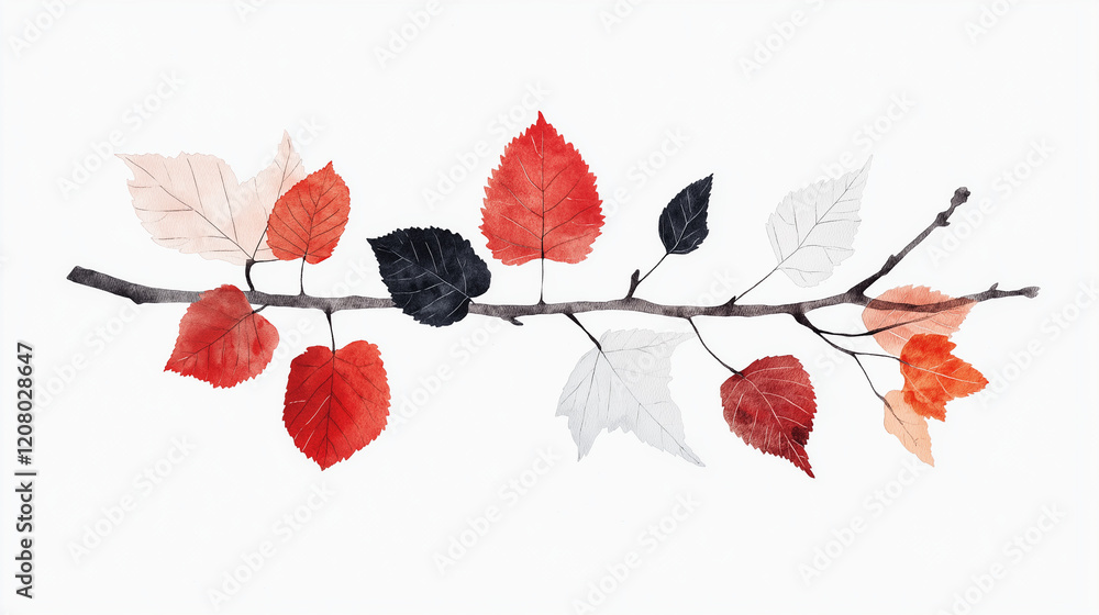 Naklejka premium Autumn Tree Branch with Six Vibrant Orange Leaves on White Background – Minimalist Nature Photography Showcasing Fall Serenity