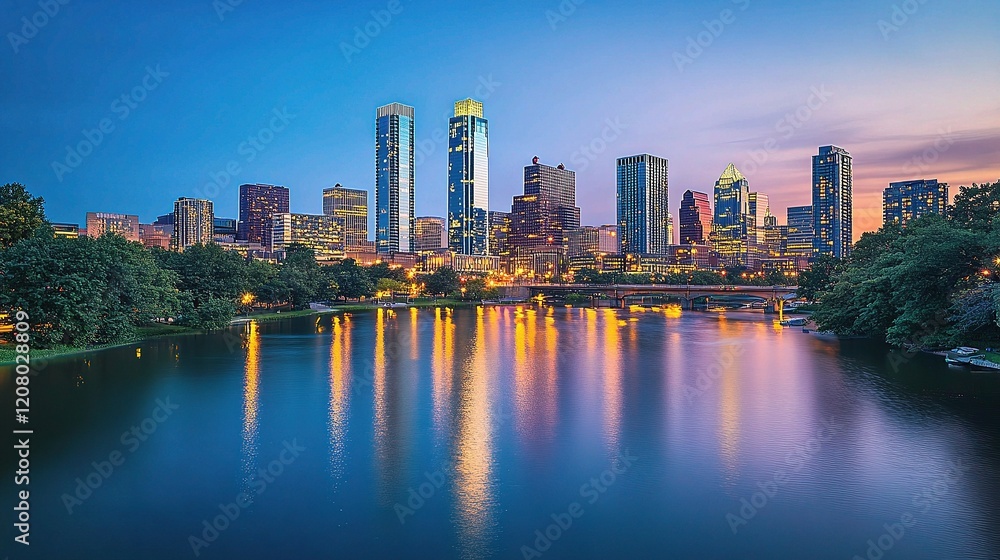 Fototapeta premium Dynamic Urban Skyline at Dusk with Lights Reflecting on Water