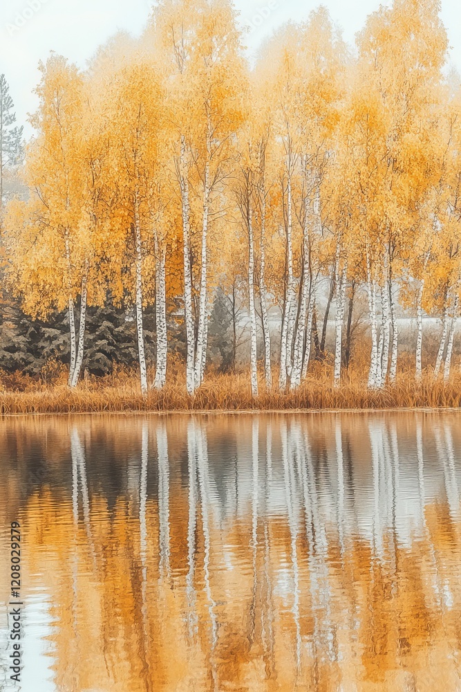 Obraz premium Autumn reflections of birch trees by a tranquil lake serene nature scene peaceful environment artistic view