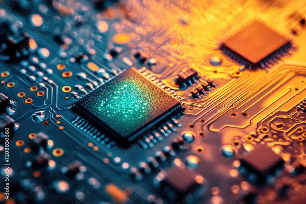 Obraz premium Close-up of a circuit board showcasing intricate electronic components and pathways.