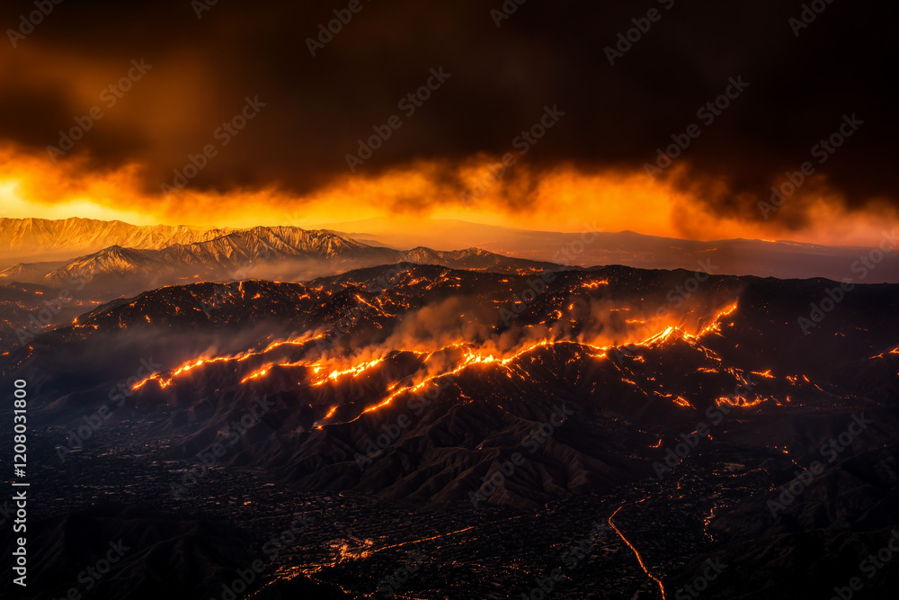 Smoke and fire in the mountains, thousands of acres burning, view from above Smoke and fire in the mountains, thousands of acres burning, view from above