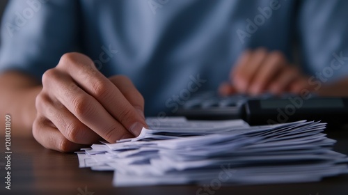 A close-up of a person organizing documents and using a calculator, emphasizing tasks related to finance or accounting. photo