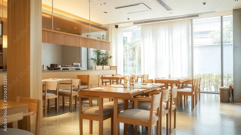 Modern Restaurant Interior with Wooden Furniture and Natural Light Modern Restaurant Interior with Wooden Furniture and Natural Light