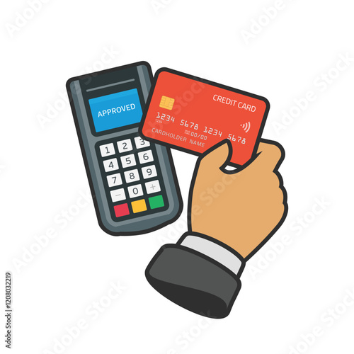 Pos terminal with receipt confirms the payment by credit card. Payment by credits or debit cards. NFC or Chip Technology payments concept. Near Field Communication technology, online banking.