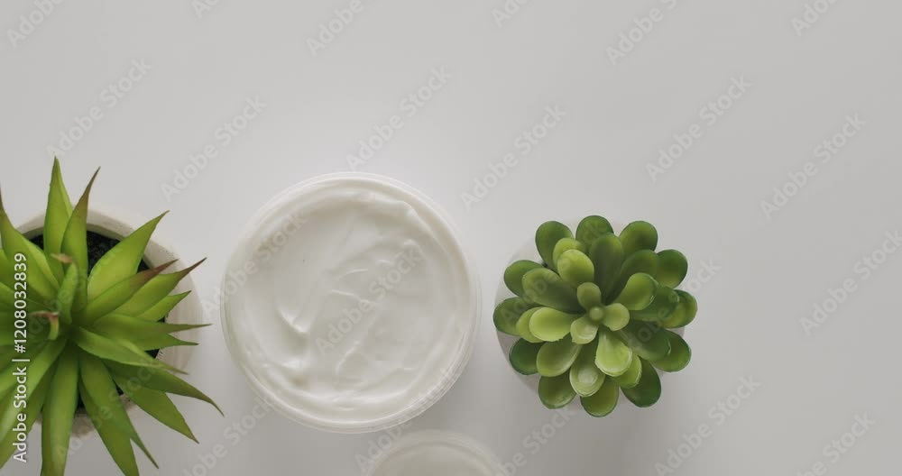 Cosmetics oils based on natural ingredients, scrub, tonic, body care. Jars and bottles flowers with green petals for cosmetics and Beauty treatment spin on a white background. Cosmetics oils based on natural ingredients, scrub, tonic, body care. Jars and bottles flowers with green petals for cosmetics and Beauty treatment spin on a white background.