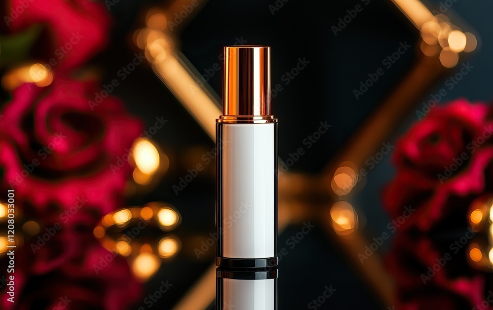 Elegant cosmetic bottle surrounded by roses and soft lighting, perfect for beauty branding. Elegant cosmetic bottle surrounded by roses and soft lighting, perfect for beauty branding.