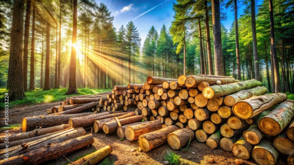 Sunlit Forest Lumber Pile Stacks of freshly cut logs bathed in golden sunlight within a lush green woodland setting. Sunlit Forest Lumber Pile Stacks of freshly cut logs bathed in golden sunlight within a lush green woodland setting.