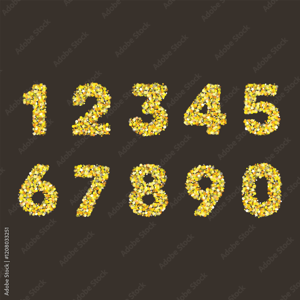 Gold glittering number set. Shining golden numbers. Luxury Golden Glitter elegant celebration design for decoration wedding, anniversary, party, label, headline. Gold glittering number set. Shining golden numbers. Luxury Golden Glitter elegant celebration design for decoration wedding, anniversary, party, label, headline.