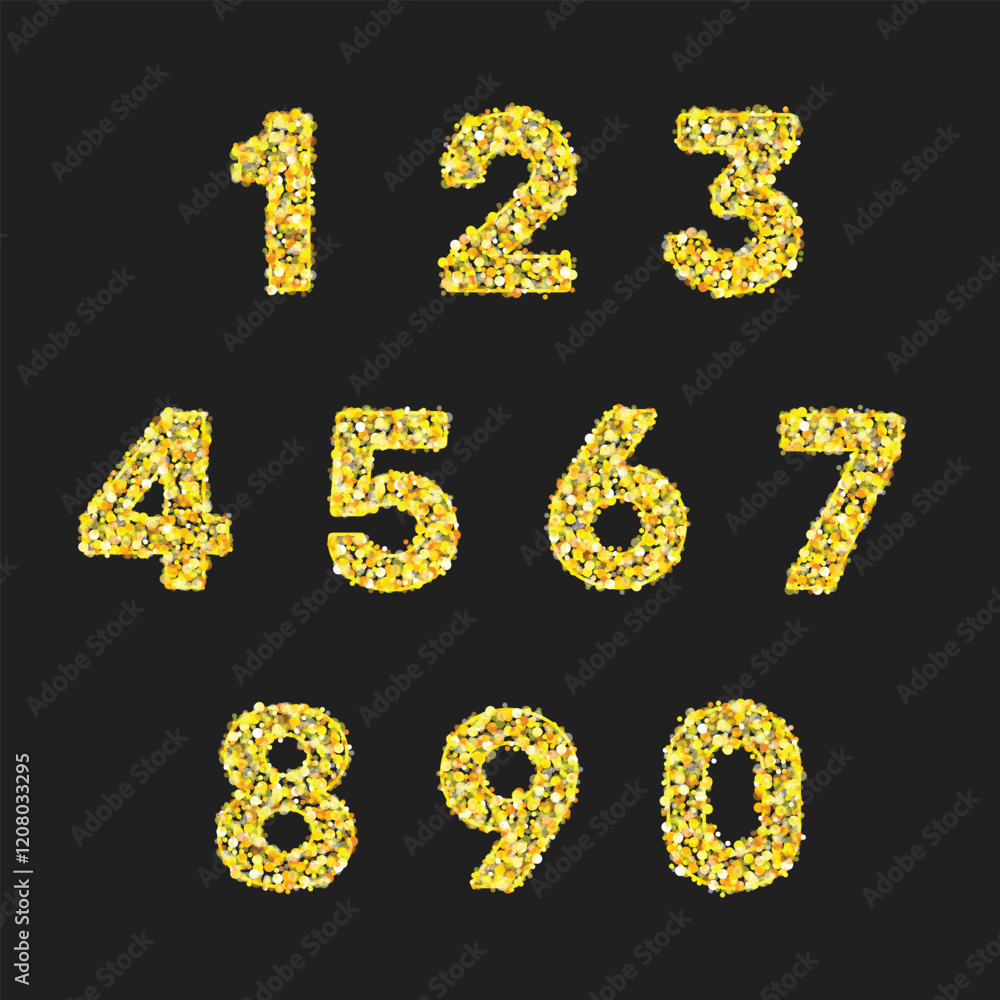Gold glittering number set. Shining golden numbers. Luxury Golden Glitter elegant celebration design for decoration wedding, anniversary, party, label, headline. Gold glittering number set. Shining golden numbers. Luxury Golden Glitter elegant celebration design for decoration wedding, anniversary, party, label, headline.