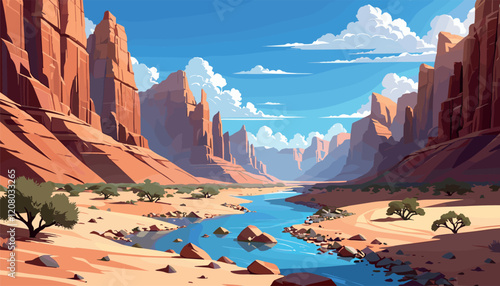 Desert Canyon with River and Red Rock Formations