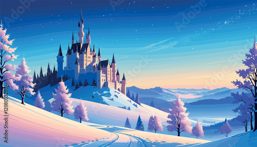 Fairy Tale Winter Castle in Snowy Landscape