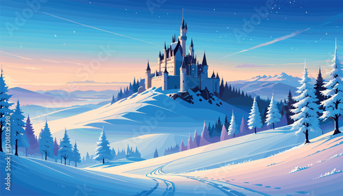 Fairy Tale Winter Castle in Snowy Landscape