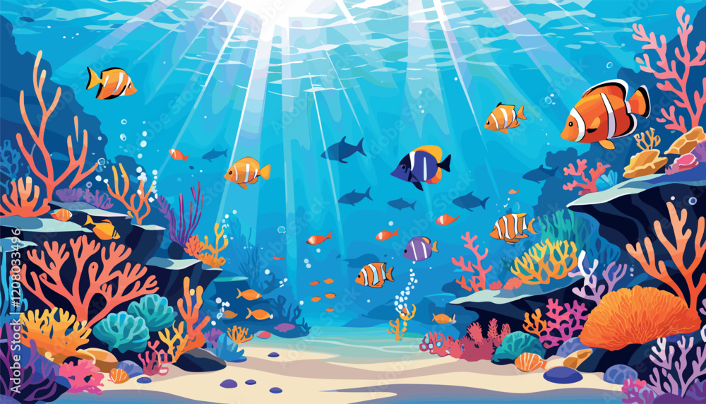 Naklejka premium Vibrant Coral Reef with Tropical Fish Under Sunlit Ocean