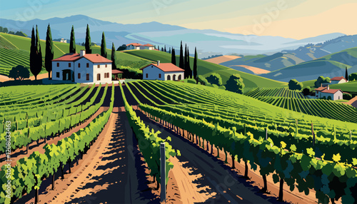 Vineyard Landscape with Farmhouse and Rolling Hills