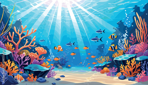 Vibrant Coral Reef with Tropical Fish Under Sunlit Ocean
