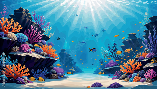 Vibrant Coral Reef with Tropical Fish Under Sunlit Ocean