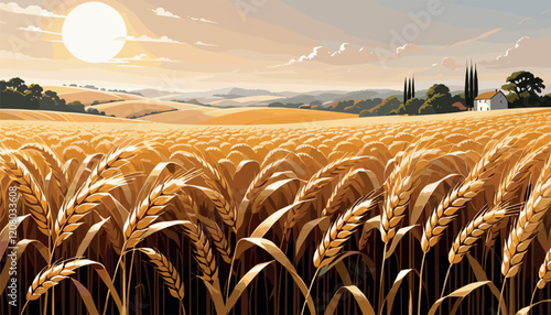 Golden Wheat Field at Sunrise with Farmhouses