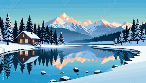 Cozy Winter Cabin by Snowy Mountain Lake