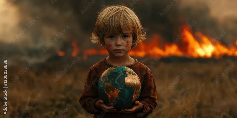 Fototapeta premium Child Holding Earth Globe Surrounded by Fire and Smoke