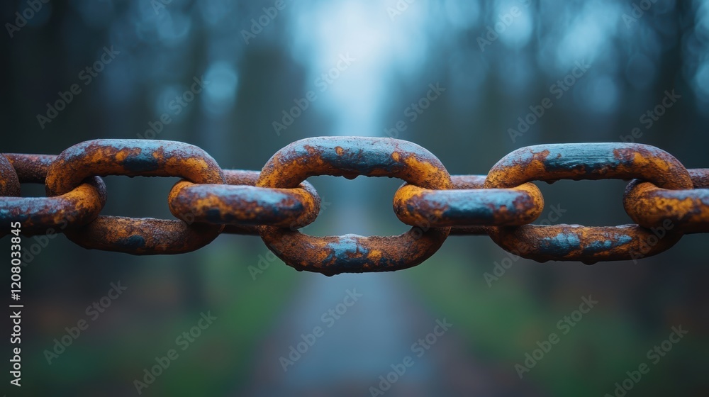 Rusty Chain. Close-up view of a rusty chain, showing texture and detail, with a blurred forest path in the background. The image evokes a sense of strength, resilience, and the passage of time. Rusty Chain. Close-up view of a rusty chain, showing texture and detail, with a blurred forest path in the background. The image evokes a sense of strength, resilience, and the passage of time.