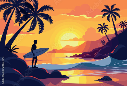 Surfer Watching Sunset on Tropical Beach