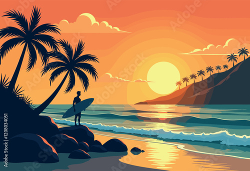 Surfer Watching Sunset on Tropical Beach