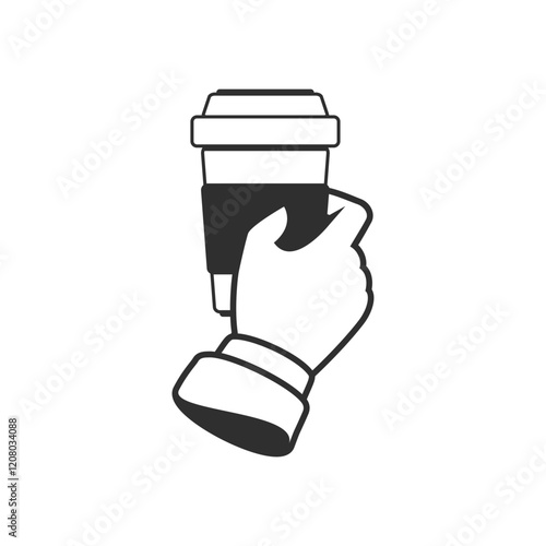 Paper cup of coffee in businessman hand. Man holds a disposable plastic glass of hot drink. Coffee to go concept.