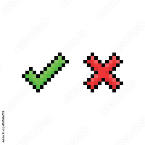 Pixel checkmark icons set isolated on white background. Green tick and red cross checkmarks buttons in flat style. Yes or No confirm or reject signs.